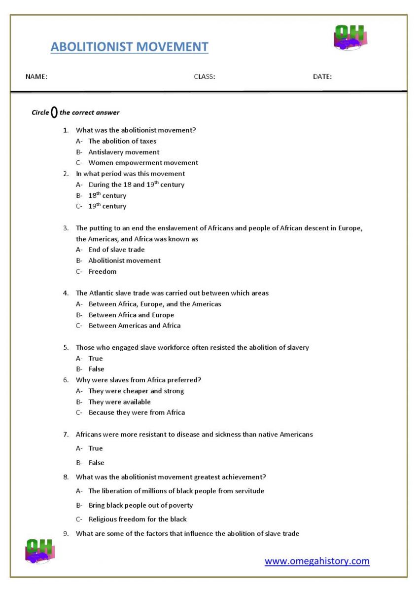 abolitionist movement of slavery, student printable worksheet PDF